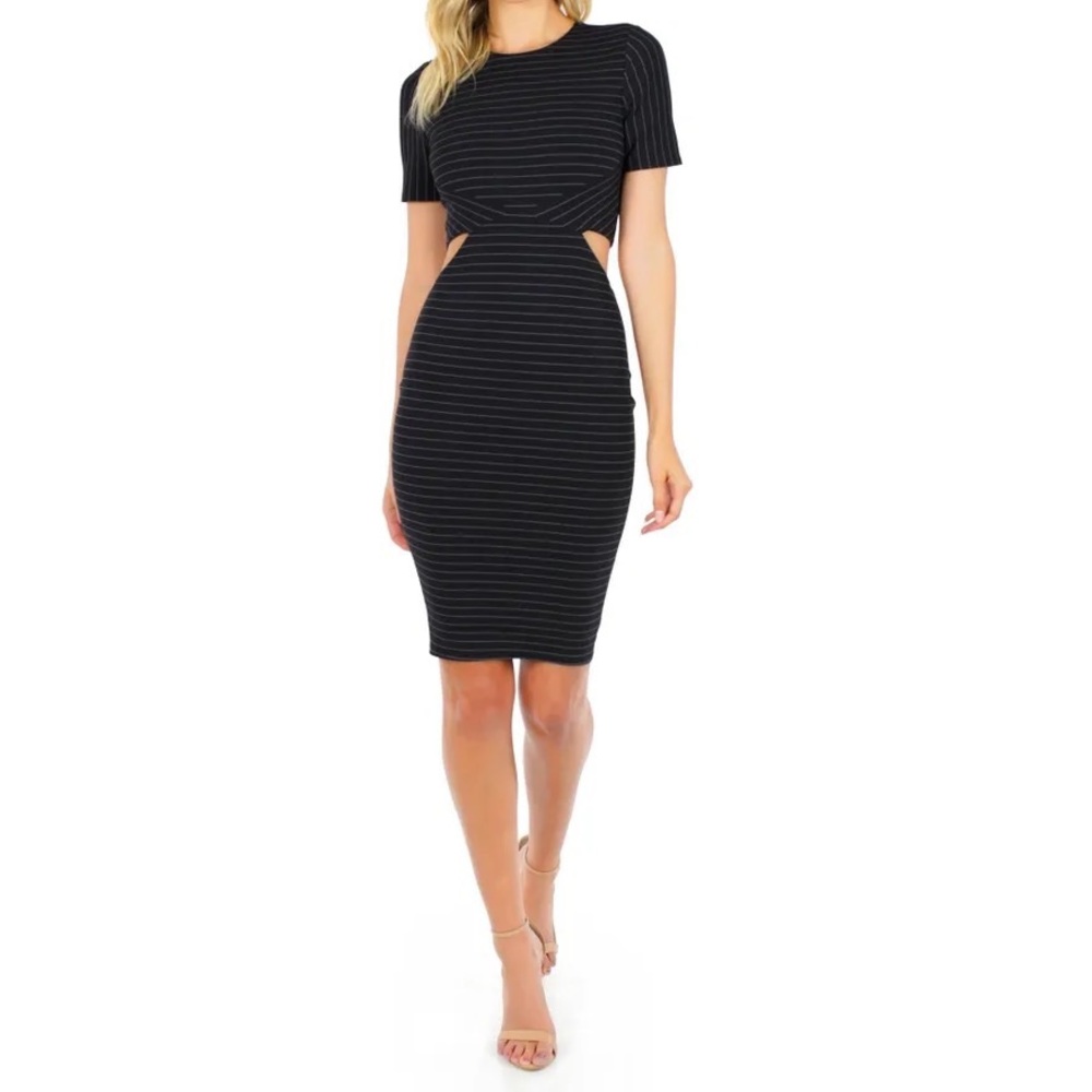 Pinstripe side cutout navy blue body-con dress XS